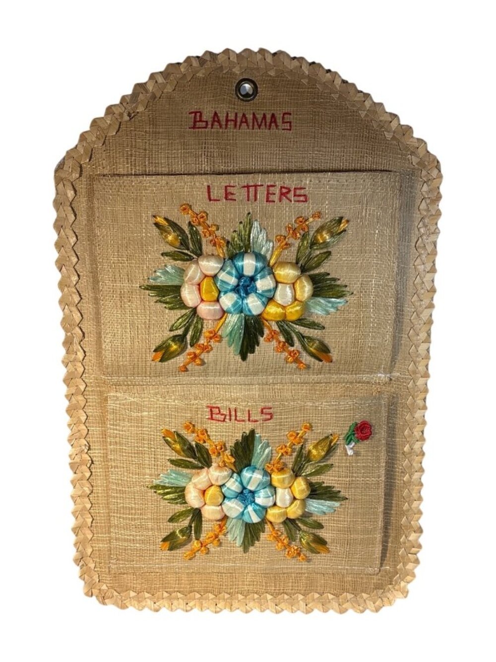 Woven Wall Organizer Floral Embroidery Letters & Bills Pockets Vintage Bahamas